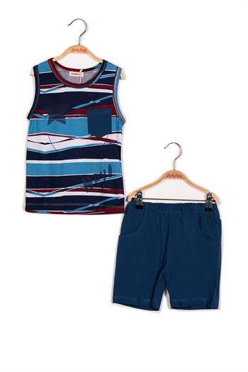 Erkek Bebek Desenli Kolsuz T-Shirt ve Şort Takım