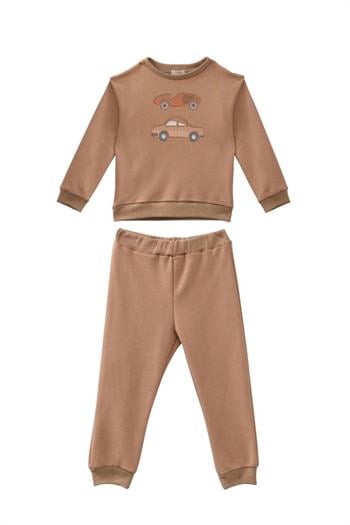 Erkek Bebek Araba Baskılı Eşofman Takımı - Bej