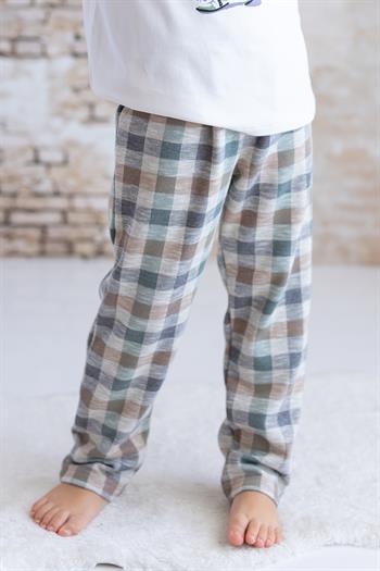 Erkek Bebek Ayı Baskılı Ekose Pantolon Takım - Yeşil