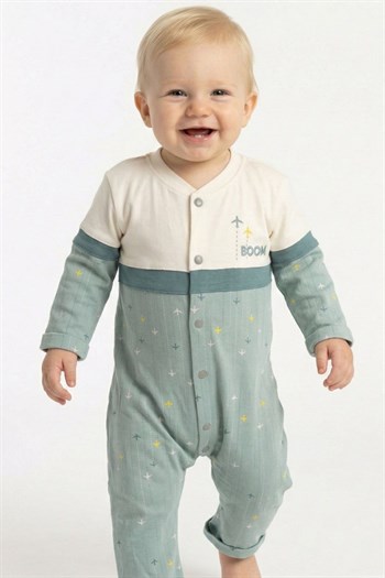 Erkek Bebek Baskılı Örme Tulum - Mint