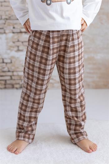 Erkek Bebek Baskılı T-shirt Ekose Pantolon Takım - Bej