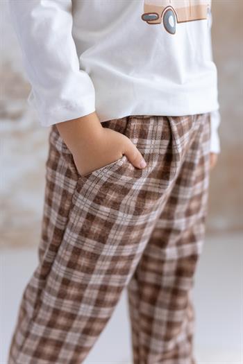 Erkek Bebek Baskılı T-shirt Ekose Pantolon Takım - Bej