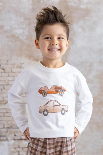Erkek Bebek Baskılı T-shirt Ekose Pantolon Takım - Bej