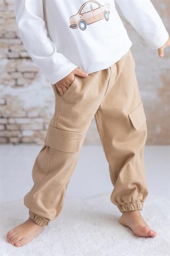 Erkek Bebek Baskılı T-shirt Gabardin Takım - Kahve