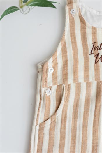 Erkek Bebek Çizgili Müslin Nakış Detaylı Salopet