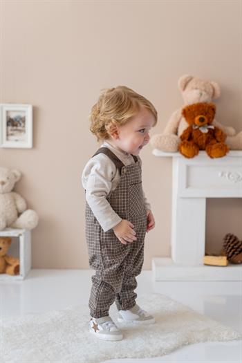 Erkek Bebek Ekose Desen Salopet ve T-shirt Takım - Kahve