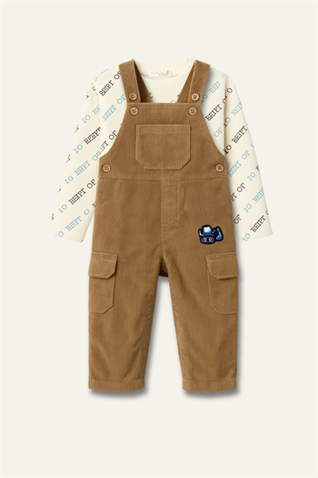 Erkek Bebek Kadife Salopet ve T-shirt İkili Takım - Bej