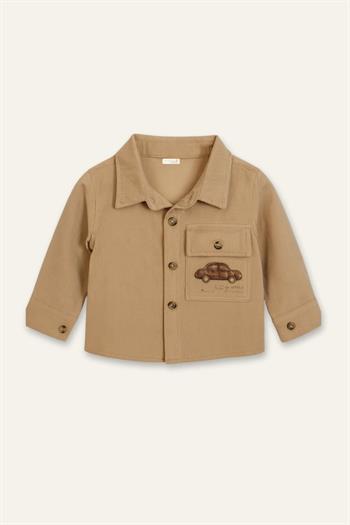 Erkek Bebek Nakışlı Fitilli Kadife Gömlek - Bej