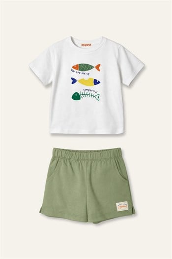 Erkek Çocuk Baskılı T-shirt ve Şort Takım  - Ekru