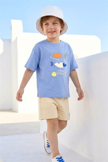 Erkek Çocuk Baskılı T-shirt ve Şort Takım  - Mavi