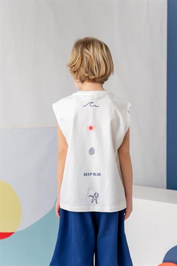 Erkek Çocuk Cepli Baskılı Atlet Diz Altı Şort Takım - Ekru