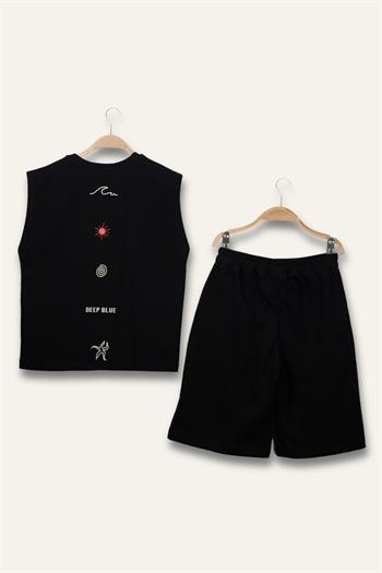 Erkek Çocuk Cepli Baskılı Atlet Diz Altı Şort Takım - Siyah