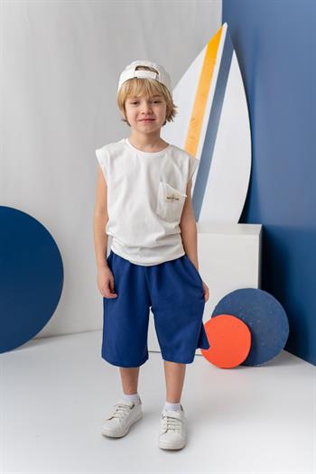 Erkek Çocuk Cepli Baskılı Atlet Diz Altı Şort Takım - Ekru