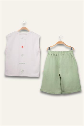 Erkek Çocuk Cepli Baskılı Atlet Diz Altı Şort Takım - Taş Rengi
