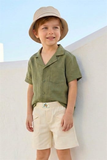 Erkek Çocuk Cepli Dokuma Şort  - Krem