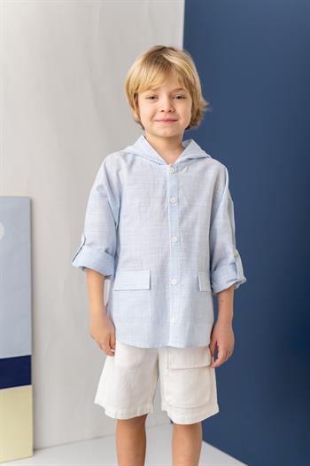 Erkek Çocuk Çizgili Keten Gömlek - Mavi Çizgili