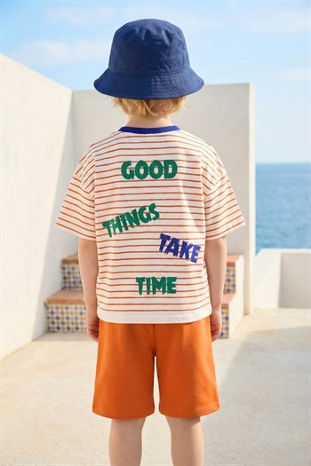 Erkek Çocuk Çizgili T-shirt ve Şort Takım  - Turuncu