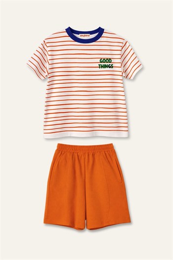 Erkek Çocuk Çizgili T-shirt ve Şort Takım  - Turuncu
