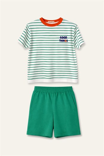 Erkek Çocuk Çizgili T-shirt ve Şort Takım  - Yeşil