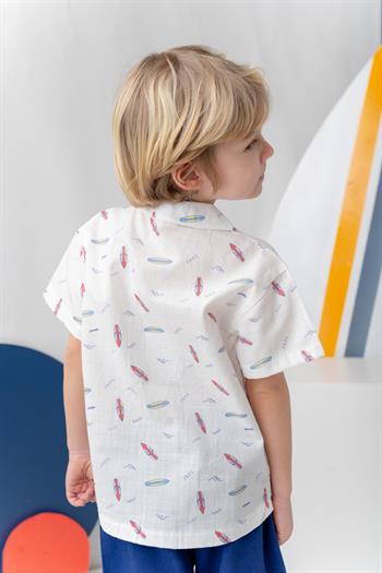 Erkek Çocuk Desenli Keten Gömlek - Coral