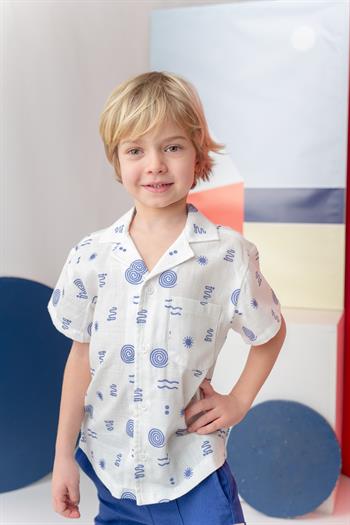 Erkek Çocuk Desenli Keten Gömlek - İndigo