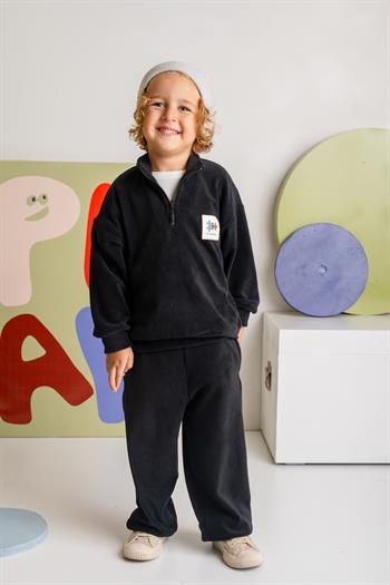 Erkek Çocuk Fermuarlı Polar İkili Takım - Siyah