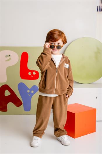 Erkek Çocuk Kapşonlu Fermuarlı Polar İkili Takım - Kahverengi