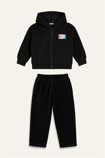 Erkek Çocuk Kapşonlu Fermuarlı Polar İkili Takım - Siyah