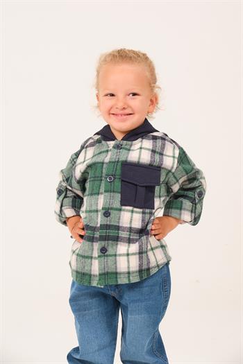 Erkek Çocuk Kapüşonlu Oduncu Gömlek - Yeşil Ekose