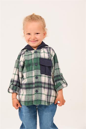 Erkek Çocuk Kapüşonlu Oduncu Gömlek - Yeşil Ekose