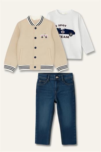 Erkek Çocuk Montlu Üçlü Takım - Bej