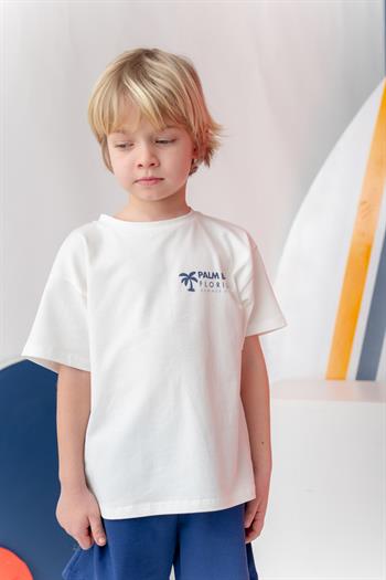 Erkek Çoçuk Sörf Baskılı T-Shirt Kısa Şort Takım - Ekru