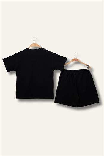 Erkek Çoçuk Sörf Baskılı T-Shirt Kısa Şort Takım - Siyah