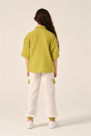 Genç Kız Çocuk Aksesuar Detaylı Cepli Kısa Kollu Gömlek