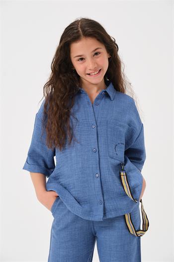 Genç Kız Çocuk Aksesuar Detaylı Cepli Kısa Kollu Gömlek