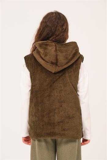 Genç Kız Çocuk Cep Detaylı Kapüşonlu Peluş Yelek - Haki