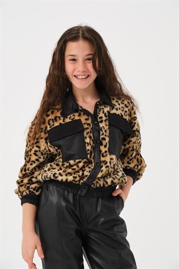 Genç Kız Çocuk Cep Detaylı Leopar Mont - Siyah Leopar