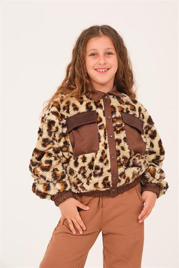 Genç Kız Çocuk Cep Detaylı Leopar Mont - Leopar Desenli