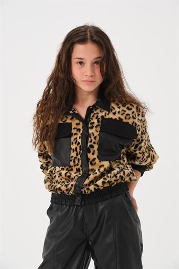 Genç Kız Çocuk Cep Detaylı Leopar Mont - Siyah Leopar