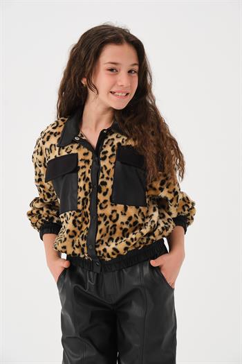 Genç Kız Çocuk Cep Detaylı Leopar Mont - Siyah Leopar