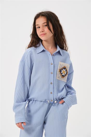 Genç Kız Çocuk Dantel Cep Detaylı Uzun Kollu Gömlek