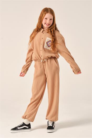 Genç Kız Çocuk Dantel Cep Detaylı Uzun Kollu Gömlek