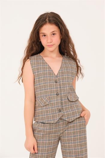 Genç Kız Çocuk Ekose Desen Yelek - Kahve