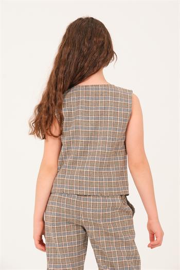 Genç Kız Çocuk Ekose Desen Yelek - Kahve