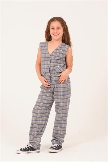 Genç Kız Çocuk Ekose Desen Yelek - Mavi