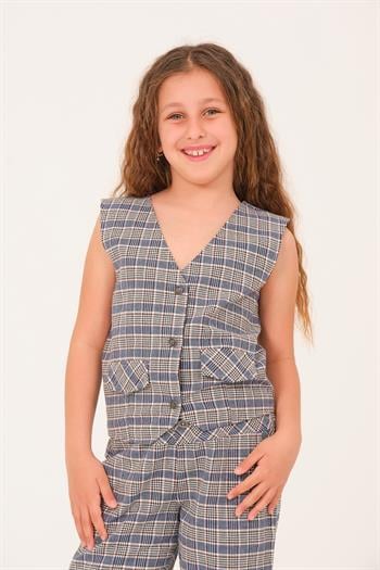 Genç Kız Çocuk Ekose Desen Yelek - Mavi