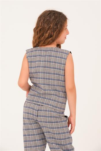 Genç Kız Çocuk Ekose Desen Yelek - Mavi