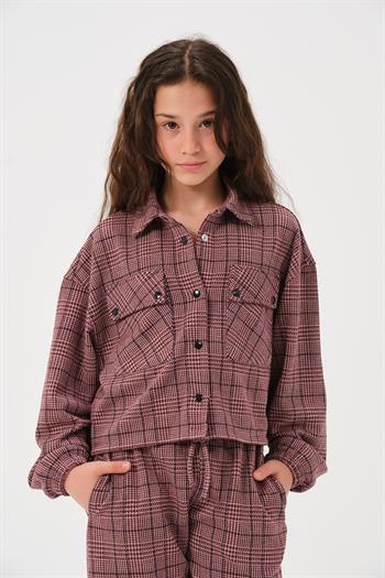 Genç Kız Çocuk Ekose Desenli Ceket - Bordo
