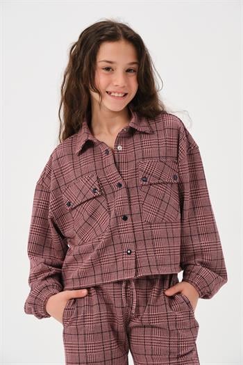 Genç Kız Çocuk Ekose Desenli Ceket - Bordo