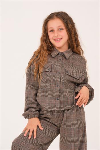 Genç Kız Çocuk Ekose Desenli Ceket - Kahve